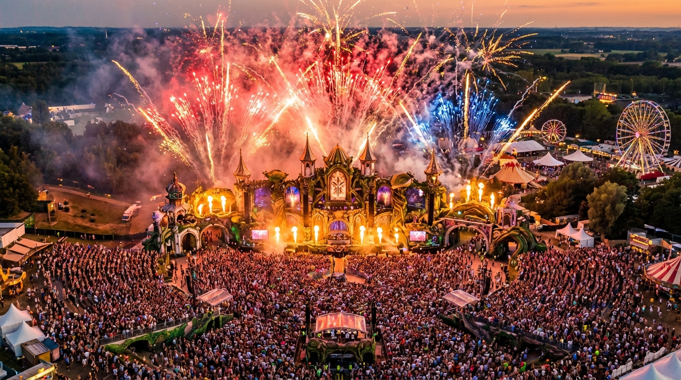 Aerial view of Tomorrowland festival main stage with spectacular pyrotechnics and massive crowd in Boom Belgium