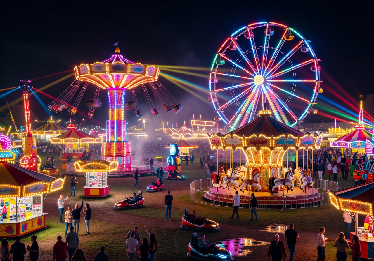 Carnival rides and attractions lit up at night during Oktoberfest festival
