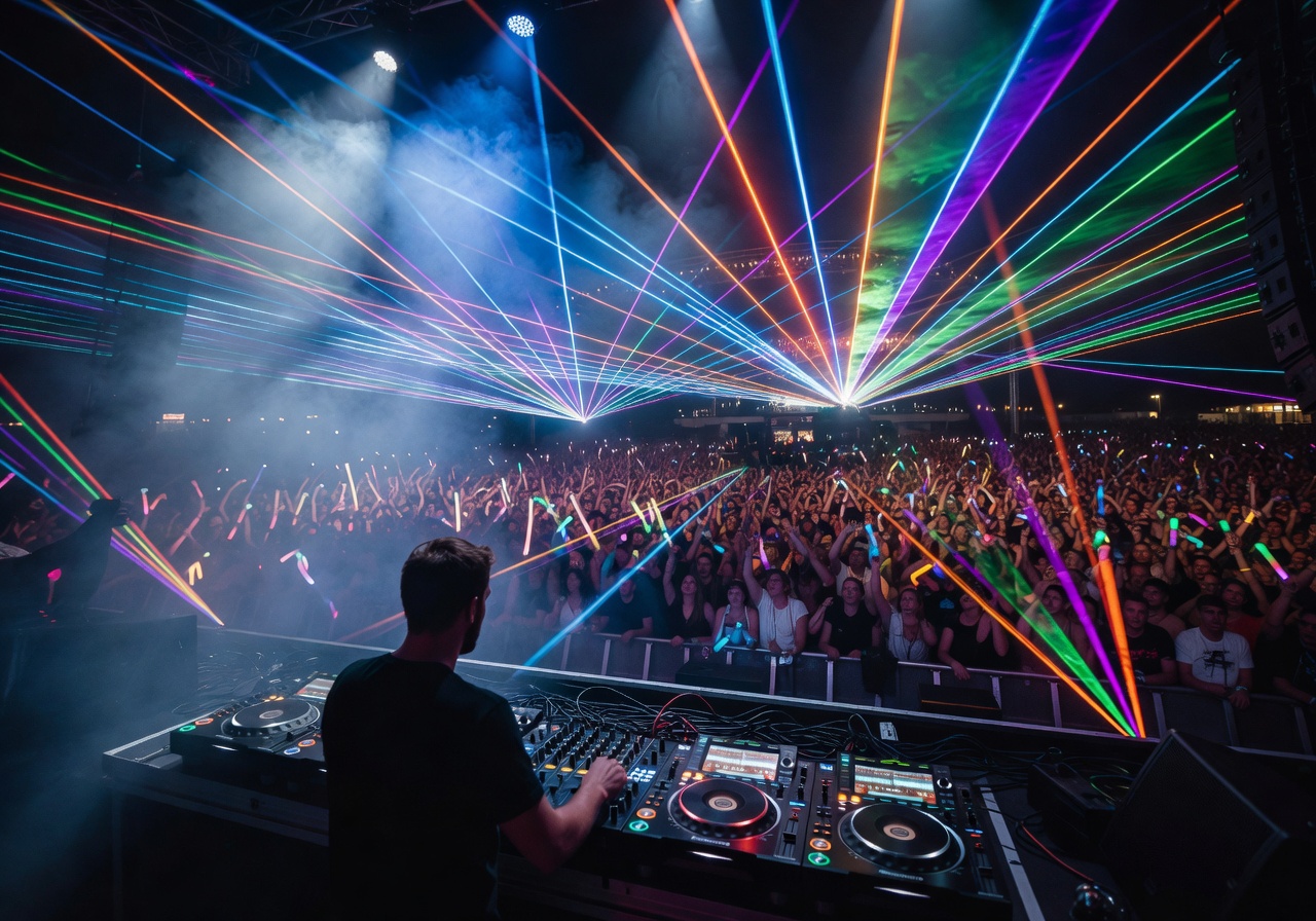 DJ performing at Tomorrowland festival with colorful laser lights illuminating the massive crowd