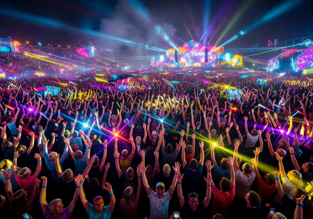 Festival crowd at Tomorrowland in Boom Belgium with colorful lights and raised hands