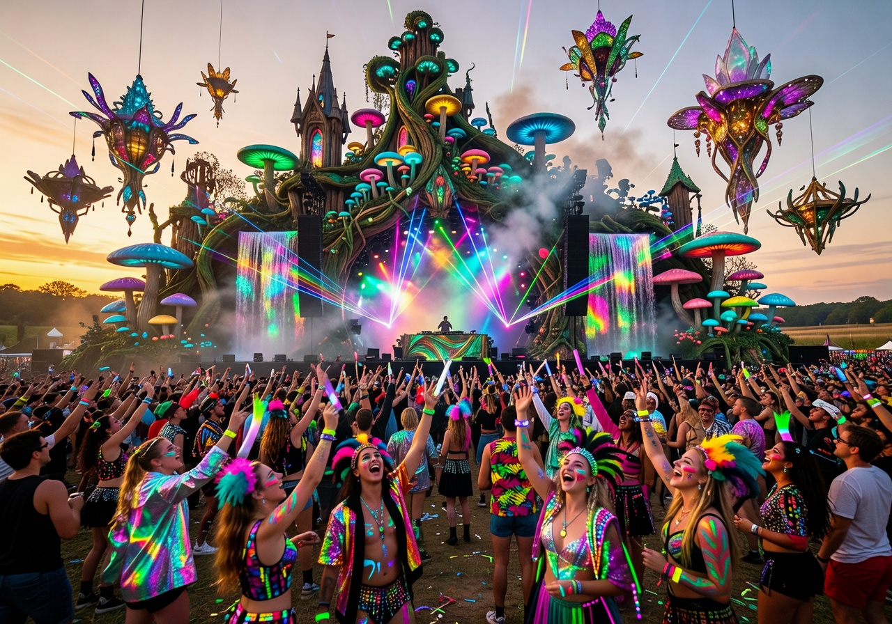 Festival-goers enjoying the immersive atmosphere at Tomorrowland with elaborate stage decorations
