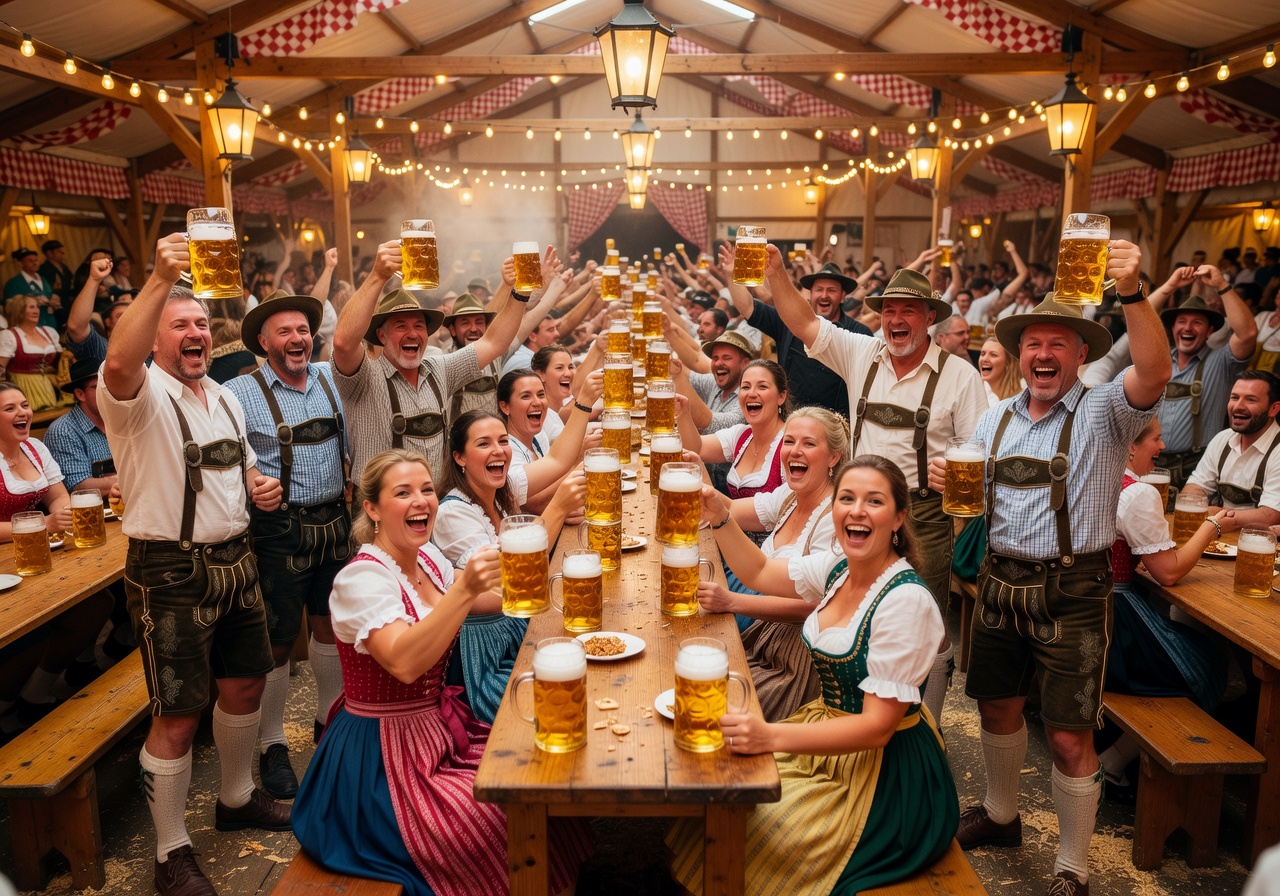Inside a traditional Oktoberfest beer tent showing crowds of people raising beer steins in celebration