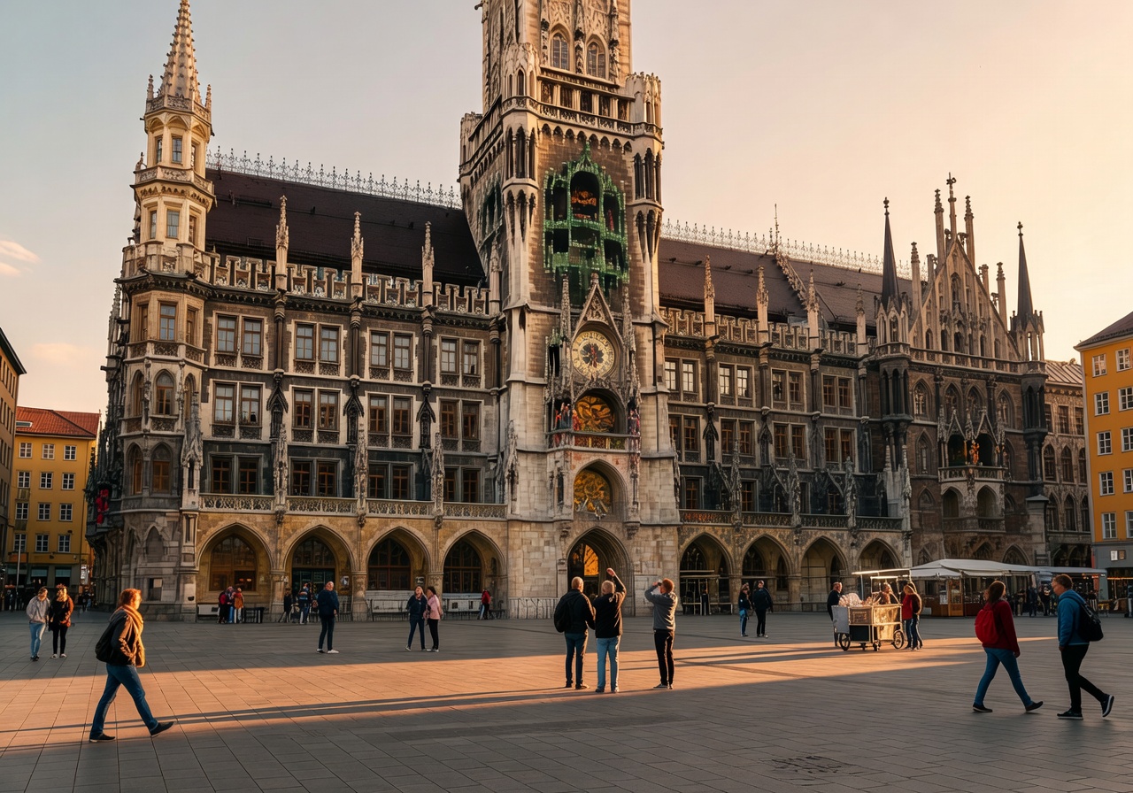 Marienplatz square in Munich featuring the historic New Town Hall with its famous Glockenspiel