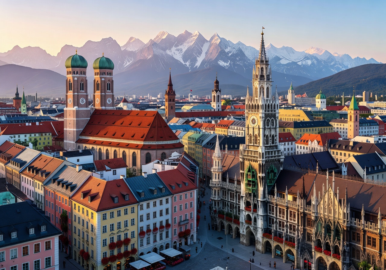 Munich city center panoramic view with historic buildings and the Alps in the background