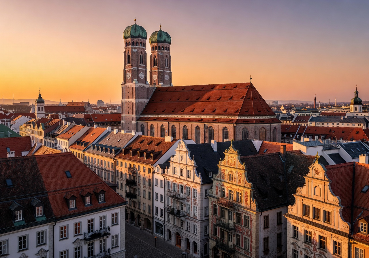 Munich city skyline featuring the historic Frauenkirche cathedral and Bavarian architecture