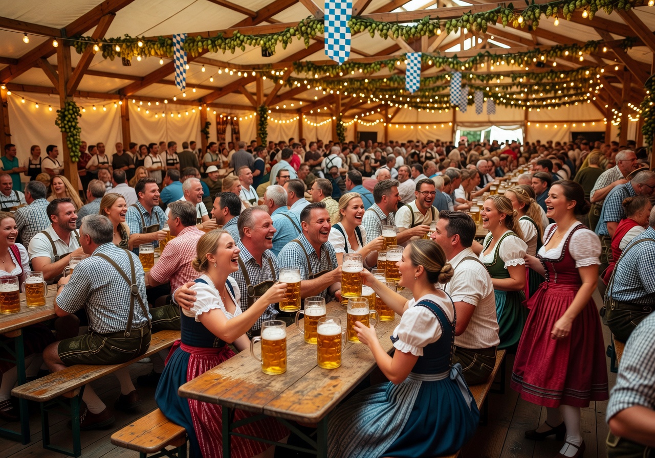 Oktoberfest festival celebration in Munich with traditional beer tents and festive decorations