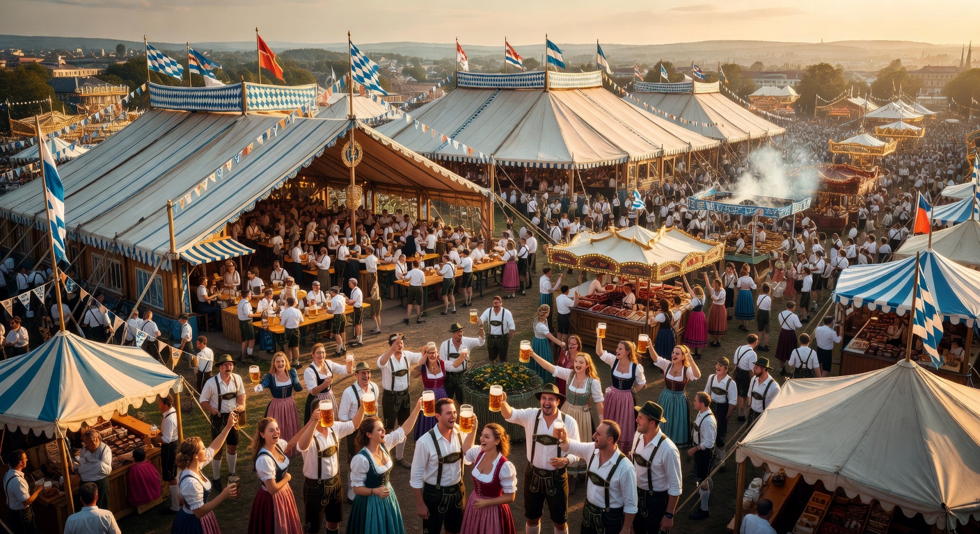 Panoramic view of Oktoberfest grounds in Munich with large beer tents and festive crowds