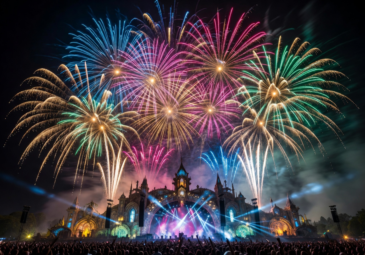 Spectacular fireworks display over the main stage at Tomorrowland Belgium