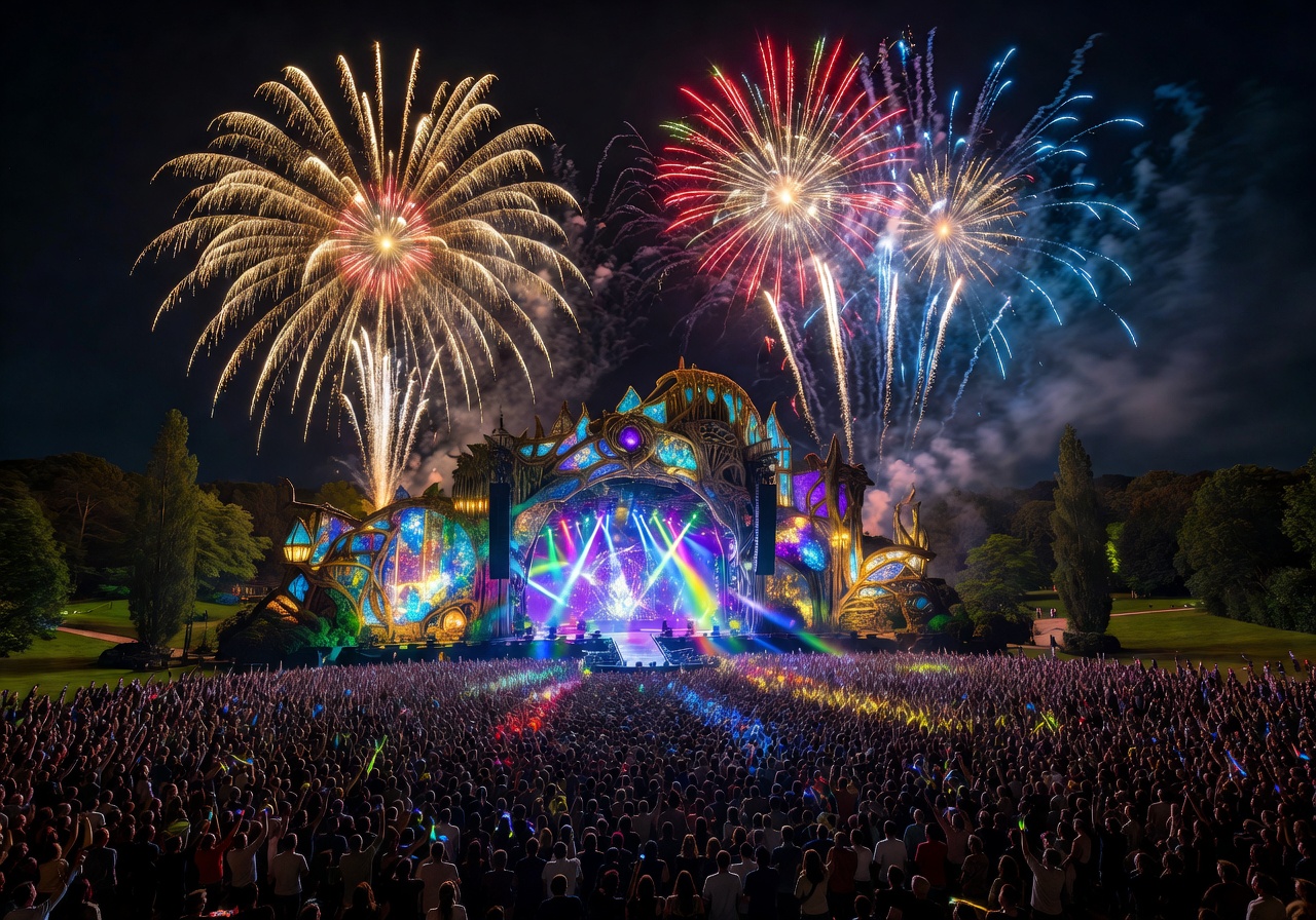 Tomorrowland festival main stage at De Schorre park in Boom Belgium with fireworks