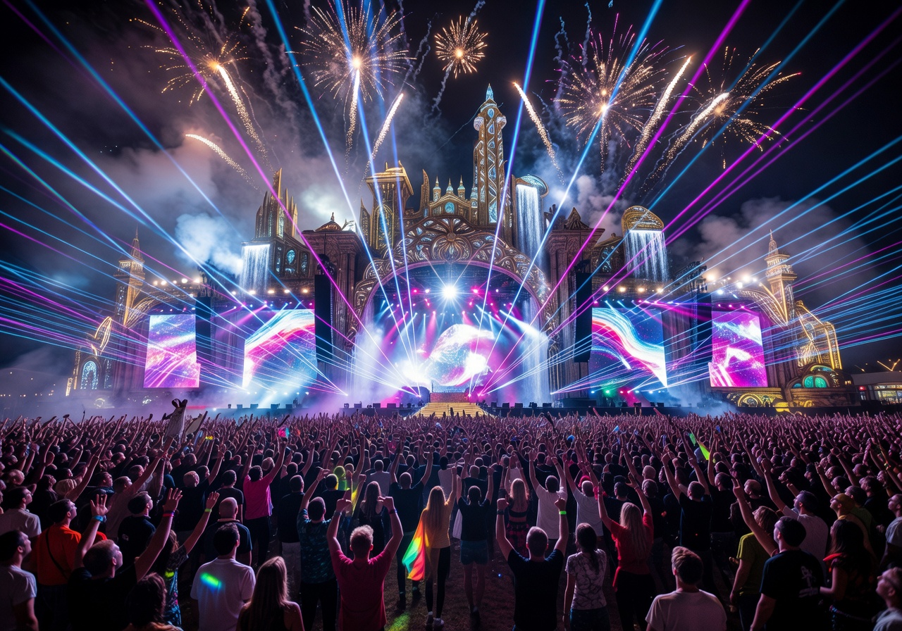 Tomorrowland electronic music festival with spectacular stage design and lighting in Boom Belgium
