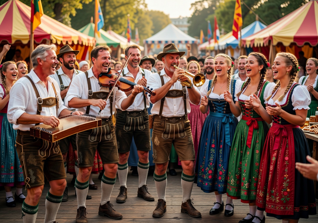 Traditional Bavarian musicians performing at Oktoberfest wearing lederhosen and dirndl