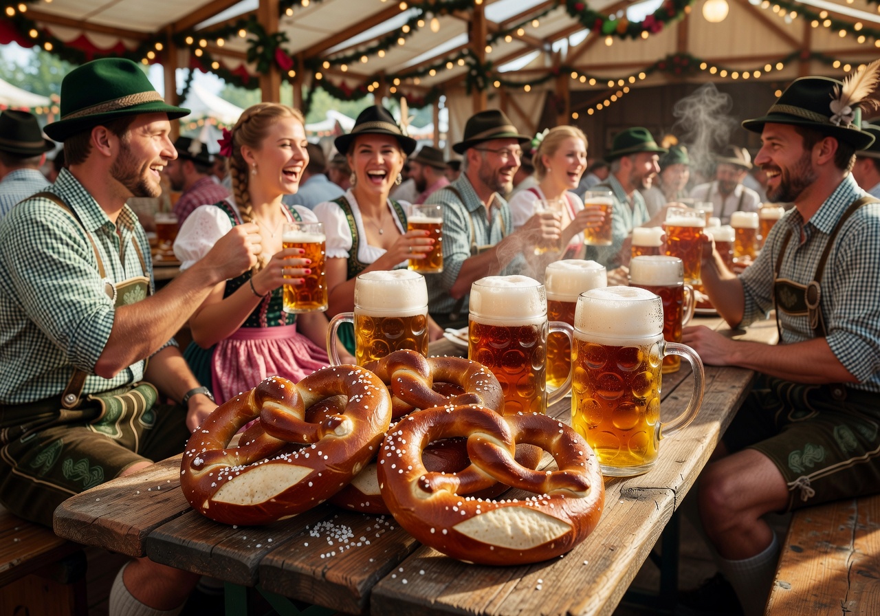 Traditional Bavarian pretzels and beer served at Oktoberfest Munich